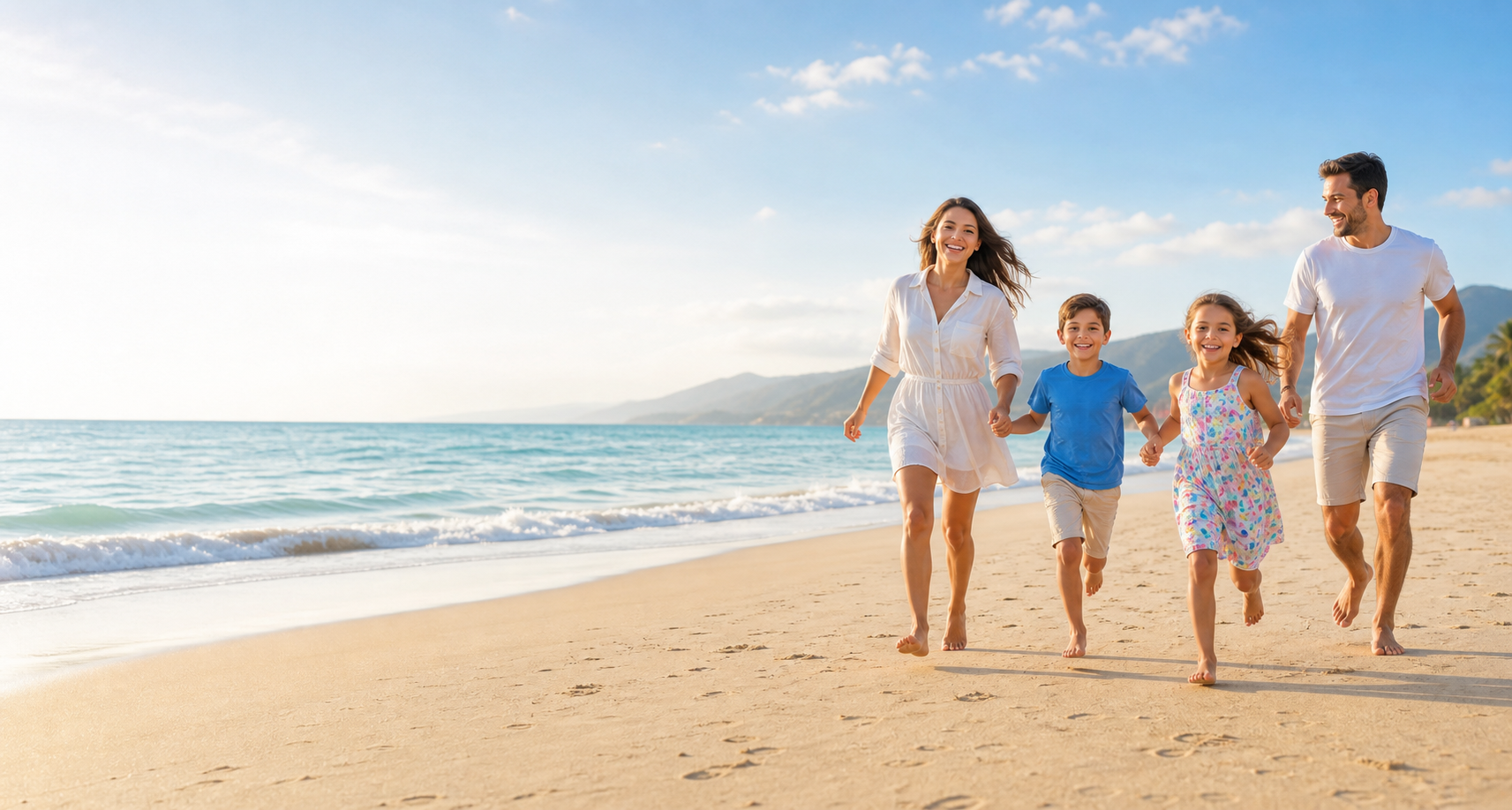 Família com pais e dois filhos correndo felizes na praia